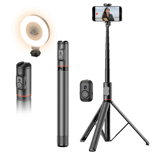 Phone Tripod with Fill Light: 72'' Retractable Selfie Stick & Wireless Remote