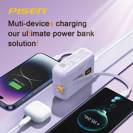 PISEN Portable Charger 10000mAh: Fast 30W Charging with Built-In Cables | LED Display