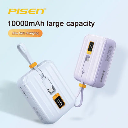 PISEN Portable Charger 10000mAh: Fast 30W Charging with Built-In Cables | LED Display