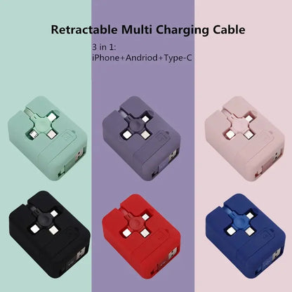 Retractable 3-in-1 Charging Cable: Compatible with iPhone, Android, and Type C - Compact & Fast Charging